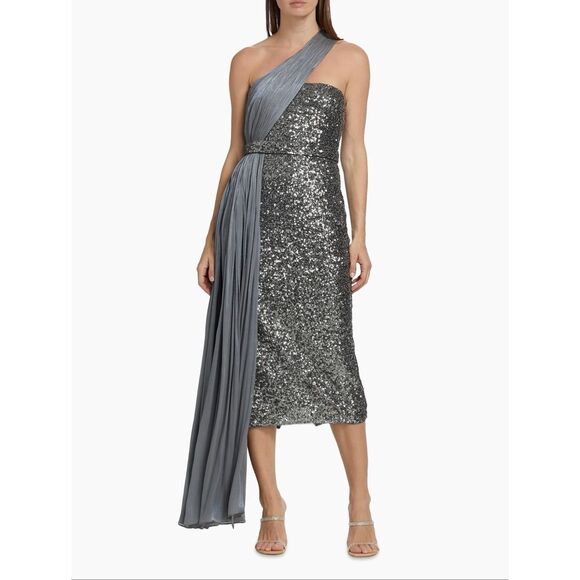 Badgley Mischka One-Shoulder Embellished Cocktail Dress in Pewter US 12 $595 - Picture 2 of 12